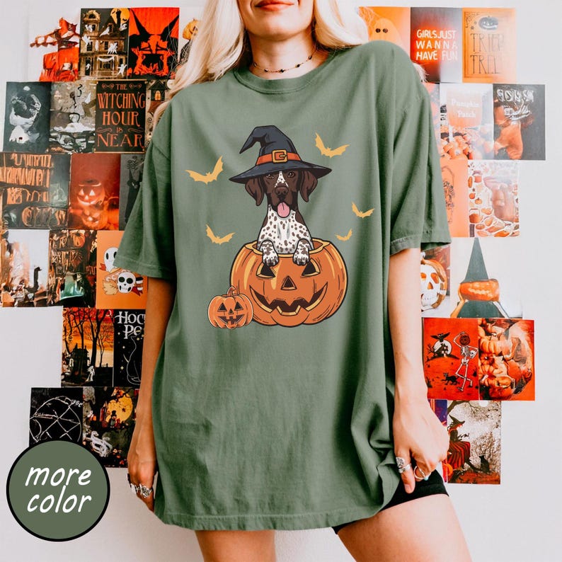 Halloween Shorthaired Pointer Sweatshirt, Retro Fall Spooky Vibes Witch Dog in Pumpkins Shirt, Gsp Dog Lover Halloween Shirt, Halloween Dog
