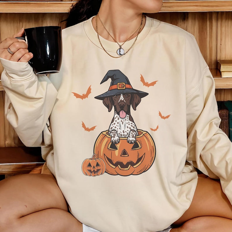 Halloween Shorthaired Pointer Sweatshirt, Retro Fall Spooky Vibes Witch Dog in Pumpkins Shirt, Gsp Dog Lover Halloween Shirt, Halloween Dog