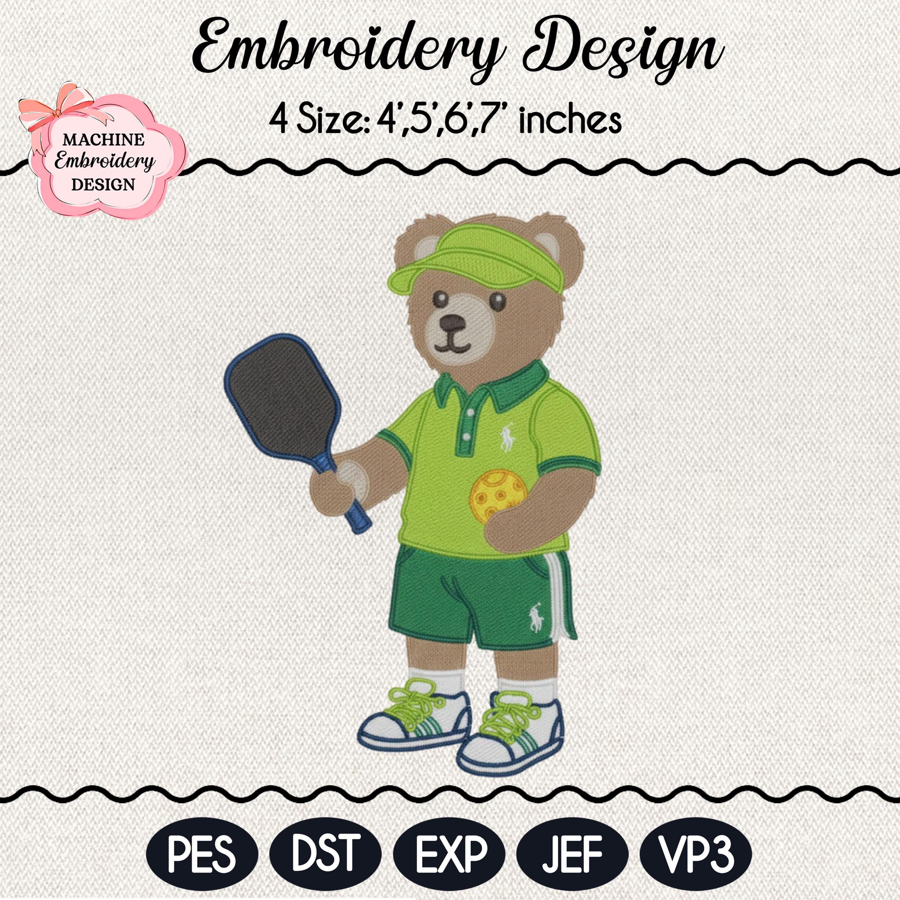 Pickleball Boy Bear Embroidery Design, Pickleball Embroidery Design, Cozy Game Day Embroidery, Sport Bear Embroidery, Digital Download