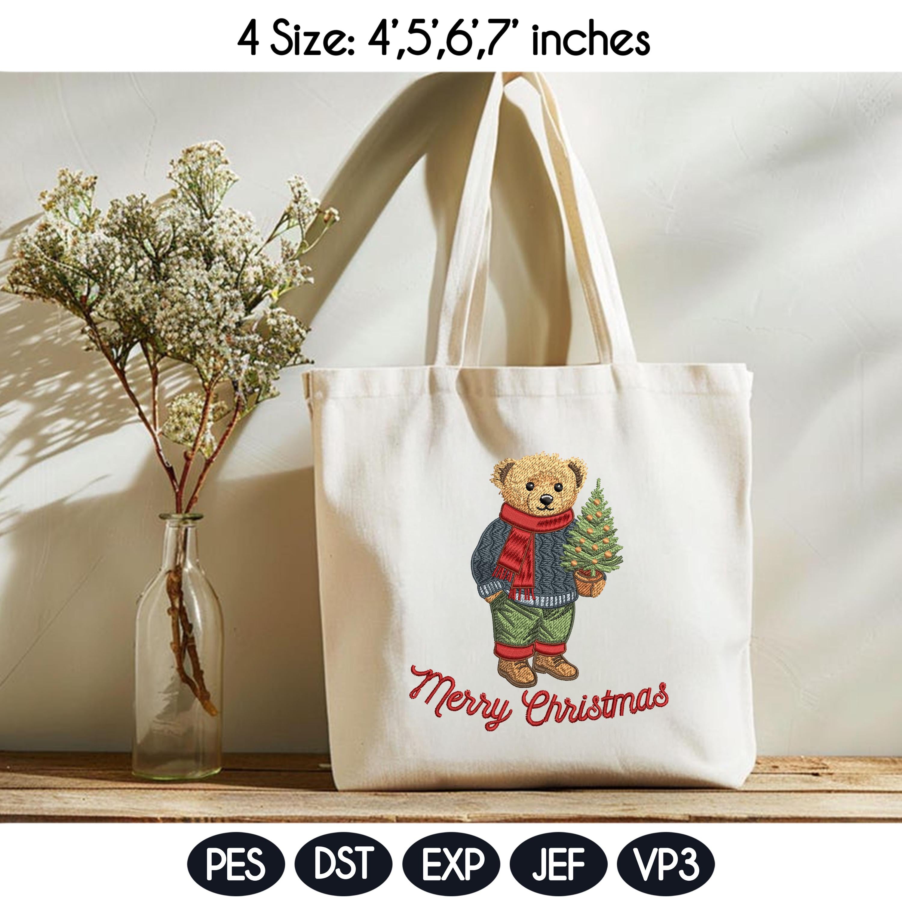 Preppy Christmas Teddy Bear Embroidery Design, Christmas Bear Embroidery File, Teddy Bear, Merry Christmas, 4 sizes, Instant Download - image 4