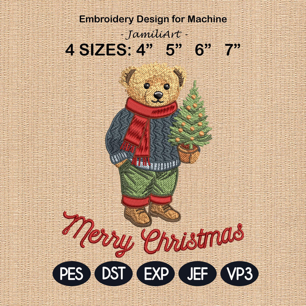 Preppy Christmas Teddy Bear Embroidery Design, Christmas Bear Embroidery File, Teddy Bear, Merry Christmas, 4 sizes, Instant Download