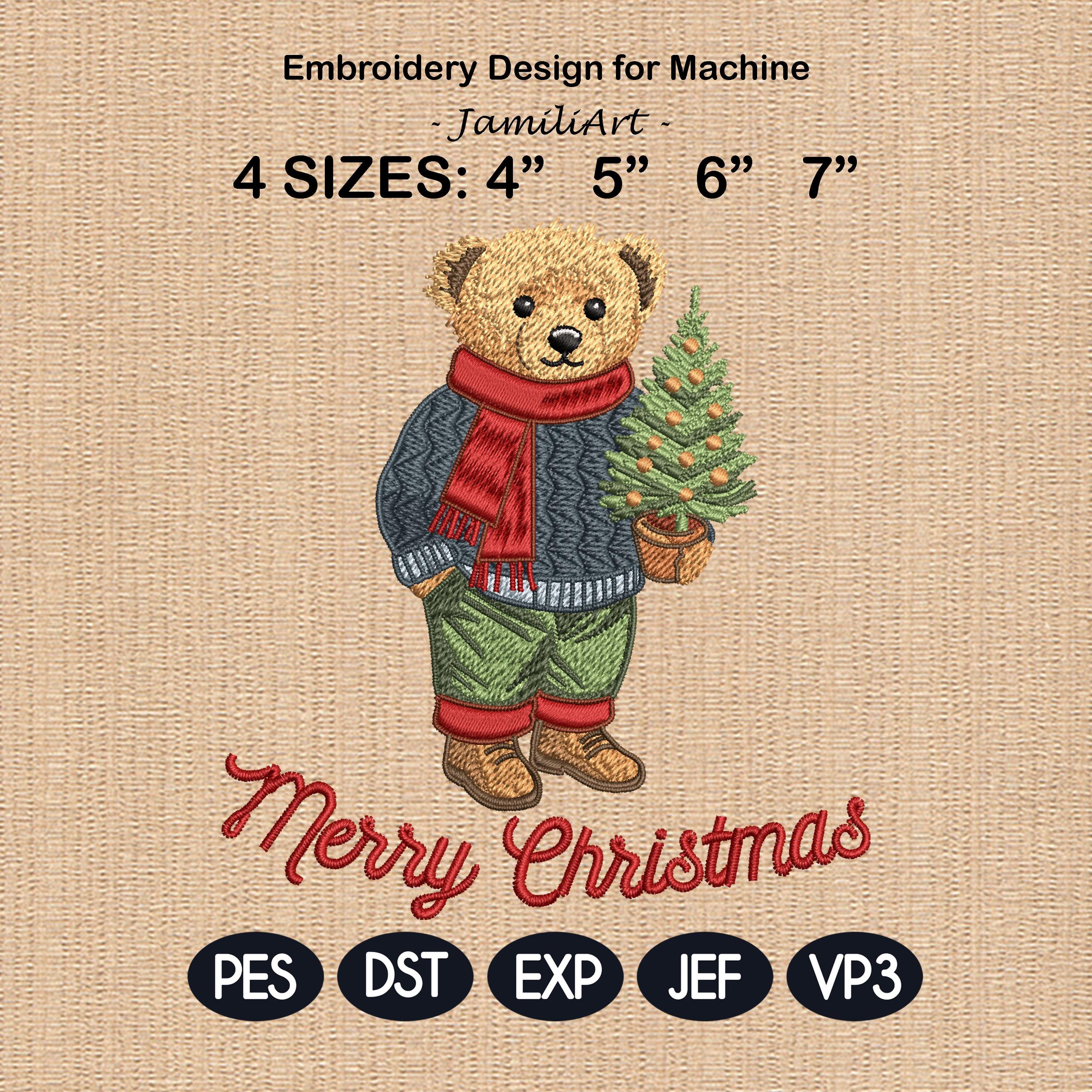 Preppy Christmas Teddy Bear Embroidery Design, Christmas Bear Embroidery File, Teddy Bear, Merry Christmas, 4 sizes, Instant Download
