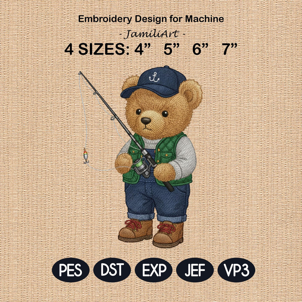 Teddy Bear Fisherman Embroidery Design File, Cute Animal Fishing Embroidery Design, Digital File, Instant Download, Fisher Bear Embroidery