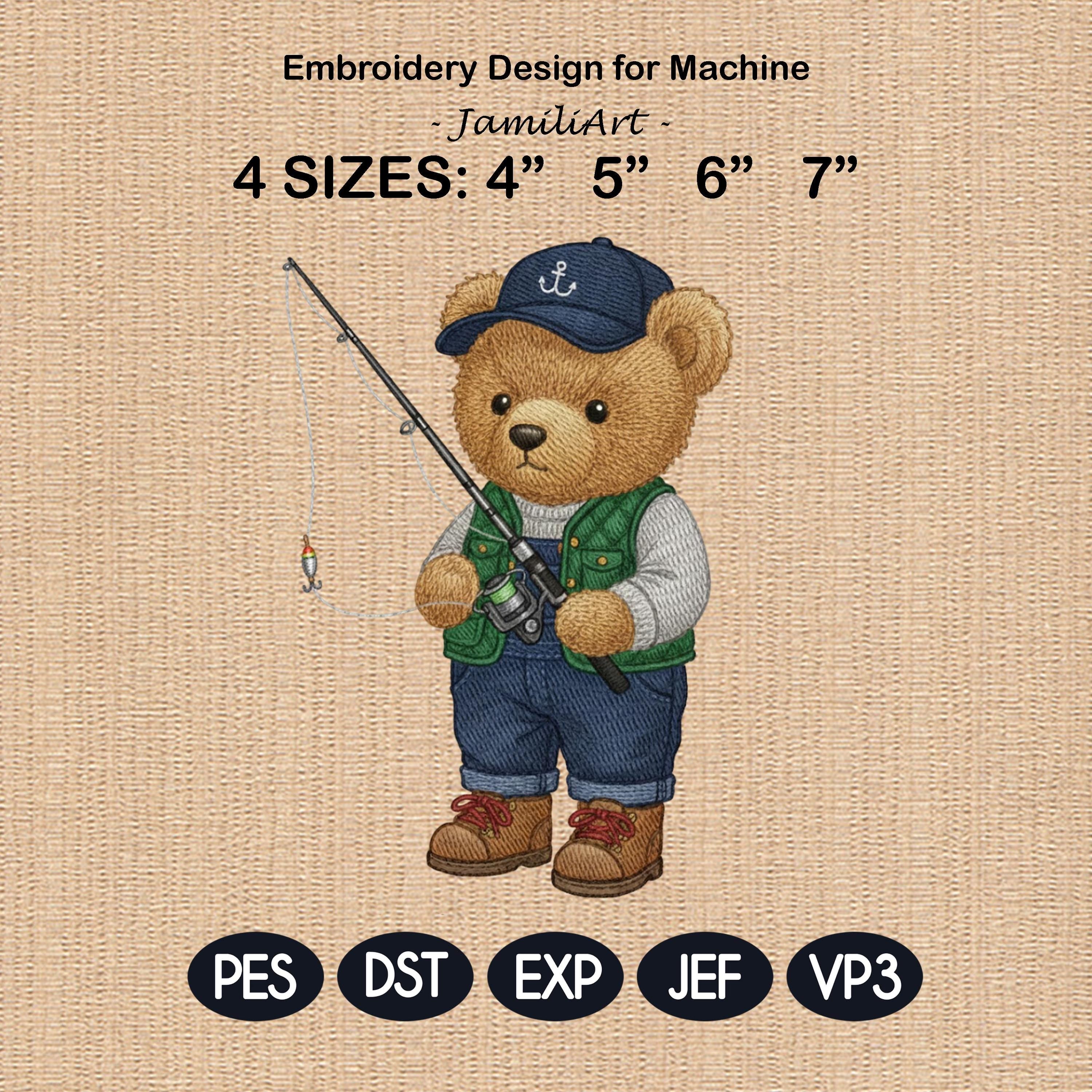 Teddy Bear Fisherman Embroidery Design File, Cute Animal Fishing Embroidery Design, Digital File, Instant Download, Fisher Bear Embroidery
