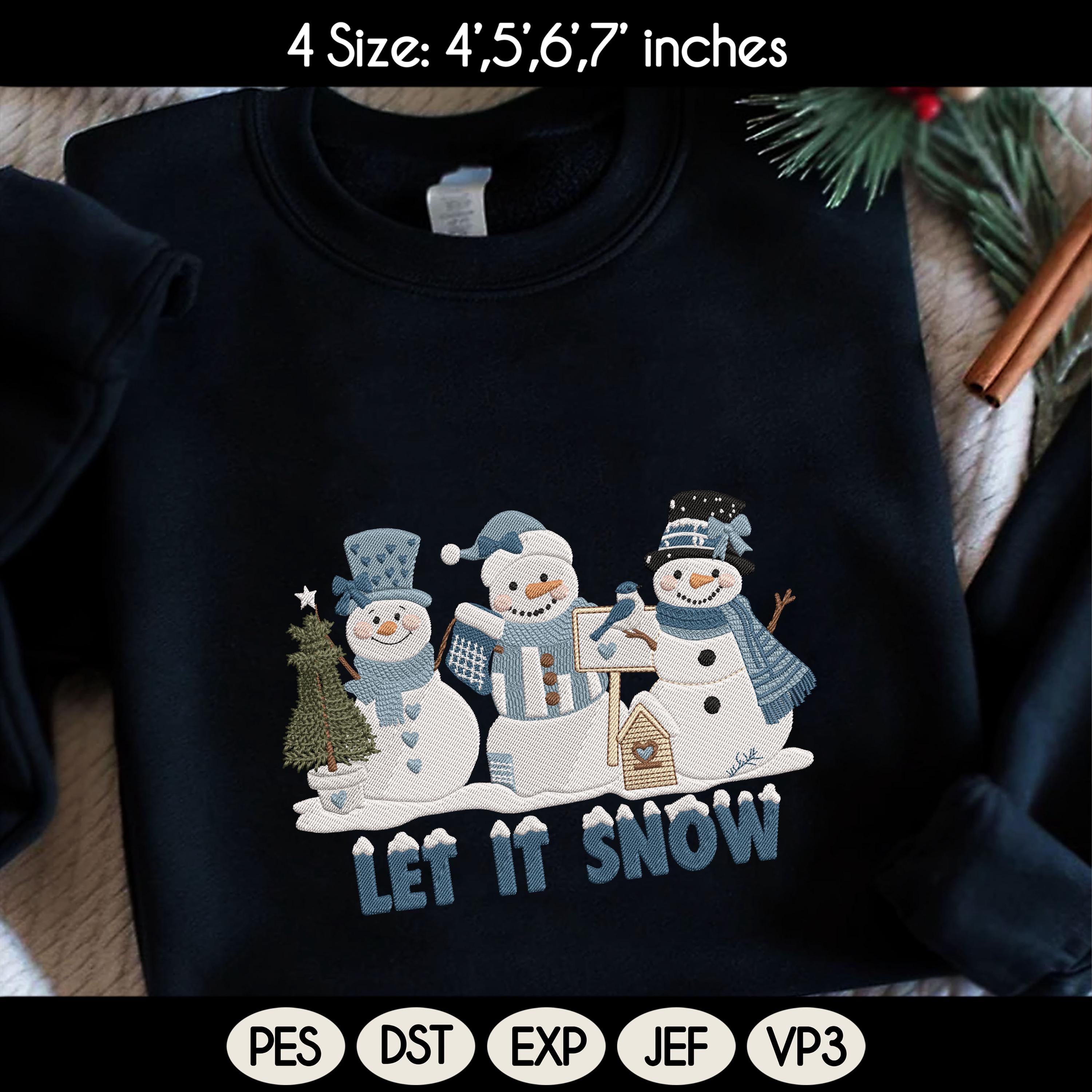 Let It Snow Embroidery Design, Cozy Snowman Winter Crewneck, Vintage Holiday Embroidery Gift, Snowman Embroidered File, Instant Download - image 3