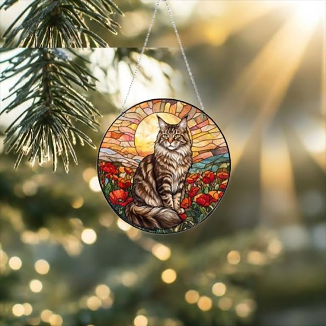 Custom Cat Stained Glass Suncatcher, Mothers Day Gift For Mom, Poppies Flower Suncatcher, Maine Coon Hanging Window, Cat Lover Gift
