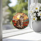 Custom Cat Stained Glass Suncatcher, Mothers Day Gift For Mom, Poppies Flower Suncatcher, Maine Coon Hanging Window, Cat Lover Gift - image 3