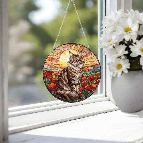 Custom Cat Stained Glass Suncatcher, Mothers Day Gift For Mom, Poppies Flower Suncatcher, Maine Coon Hanging Window, Cat Lover Gift - image 3
