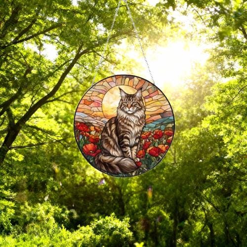 Custom Cat Stained Glass Suncatcher, Mothers Day Gift For Mom, Poppies Flower Suncatcher, Maine Coon Hanging Window, Cat Lover Gift - image 4