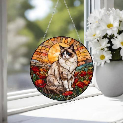Custom Cat Stained Glass Suncatcher, Mothers Day Gift For Mom, Poppies Flower Suncatcher,Ragdoll Hanging Window,Cat Lover Gift,Flowers Field - image 3