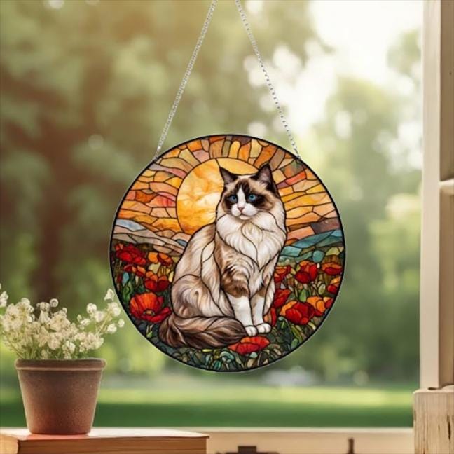 Custom Cat Stained Glass Suncatcher, Mothers Day Gift For Mom, Poppies Flower Suncatcher,Ragdoll Hanging Window,Cat Lover Gift,Flowers Field