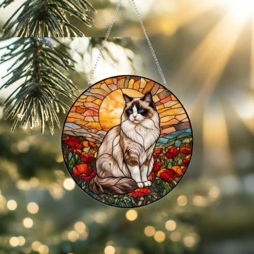 Custom Cat Stained Glass Suncatcher, Mothers Day Gift For Mom, Poppies Flower Suncatcher,Ragdoll Hanging Window,Cat Lover Gift,Flowers Field - image 2