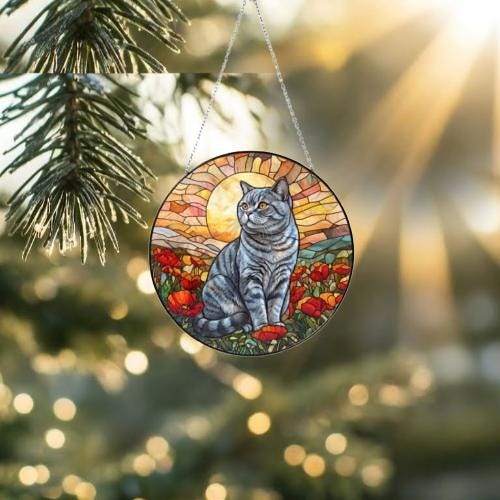 Custom Cat Stained Glass Suncatcher, Mothers Day Gift For Mom, Poppies Flower Suncatcher, British Shorthair Hanging Window, Cat Lover Gift - image 2