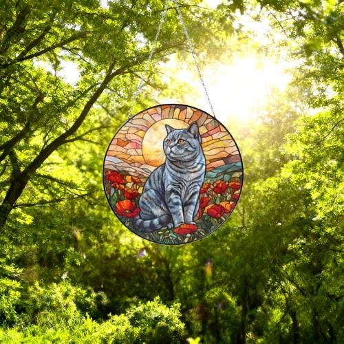 Custom Cat Stained Glass Suncatcher, Mothers Day Gift For Mom, Poppies Flower Suncatcher, British Shorthair Hanging Window, Cat Lover Gift - image 4
