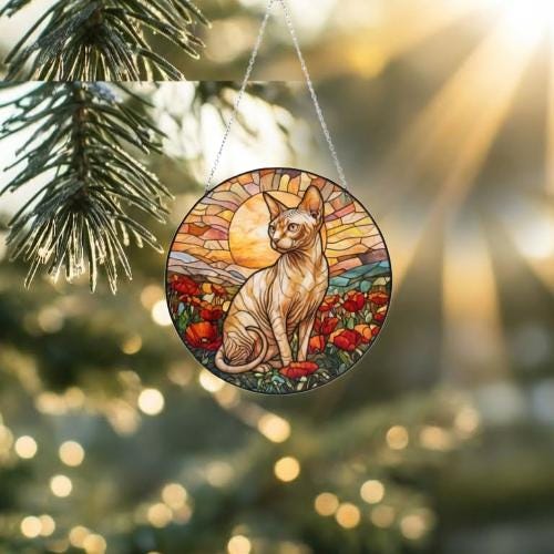 Custom Cat Stained Glass Suncatcher, Mothers Day Gift For Mom, Poppies Flower Suncatcher, Sphynx  Hanging Window, Cat Lover Gift - image 2