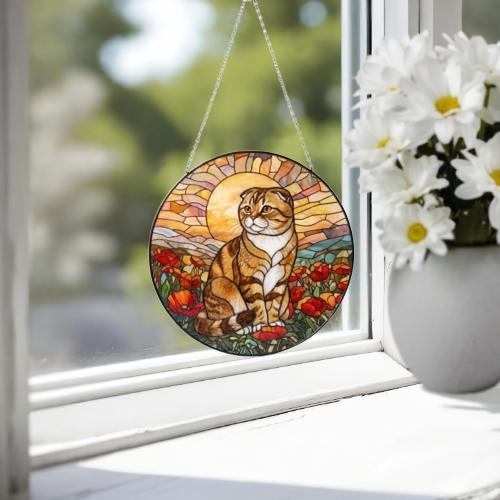 Custom Cat Stained Glass Suncatcher, Mothers Day Gift For Mom, Poppies Flower Suncatcher, Scottish Fold Hanging Window, Cat Lover Gift - image 3