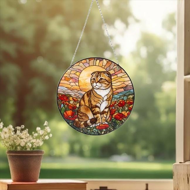 Custom Cat Stained Glass Suncatcher, Mothers Day Gift For Mom, Poppies Flower Suncatcher, Scottish Fold Hanging Window, Cat Lover Gift
