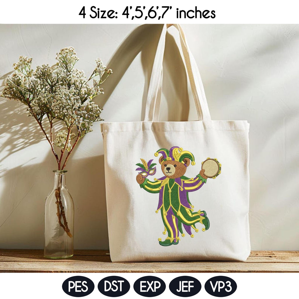 Mardi Gras Teddy Bear Embroidery Design, Jester Bear Machine Embroidery File, Carnival Bear, 4 sizes, Instant Download - image 3