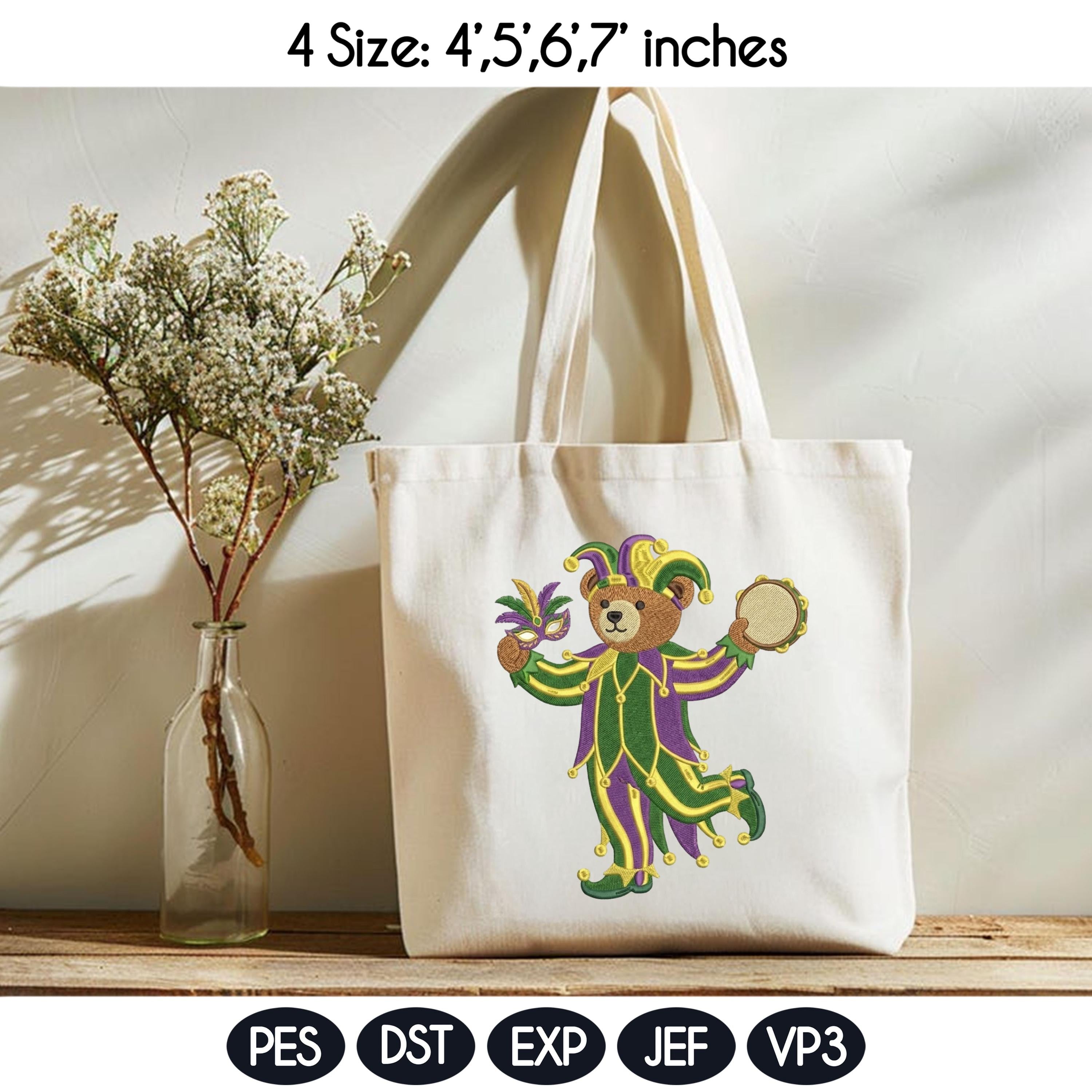 Mardi Gras Teddy Bear Embroidery Design, Jester Bear Machine Embroidery File, Carnival Bear, 4 sizes, Instant Download - image 3