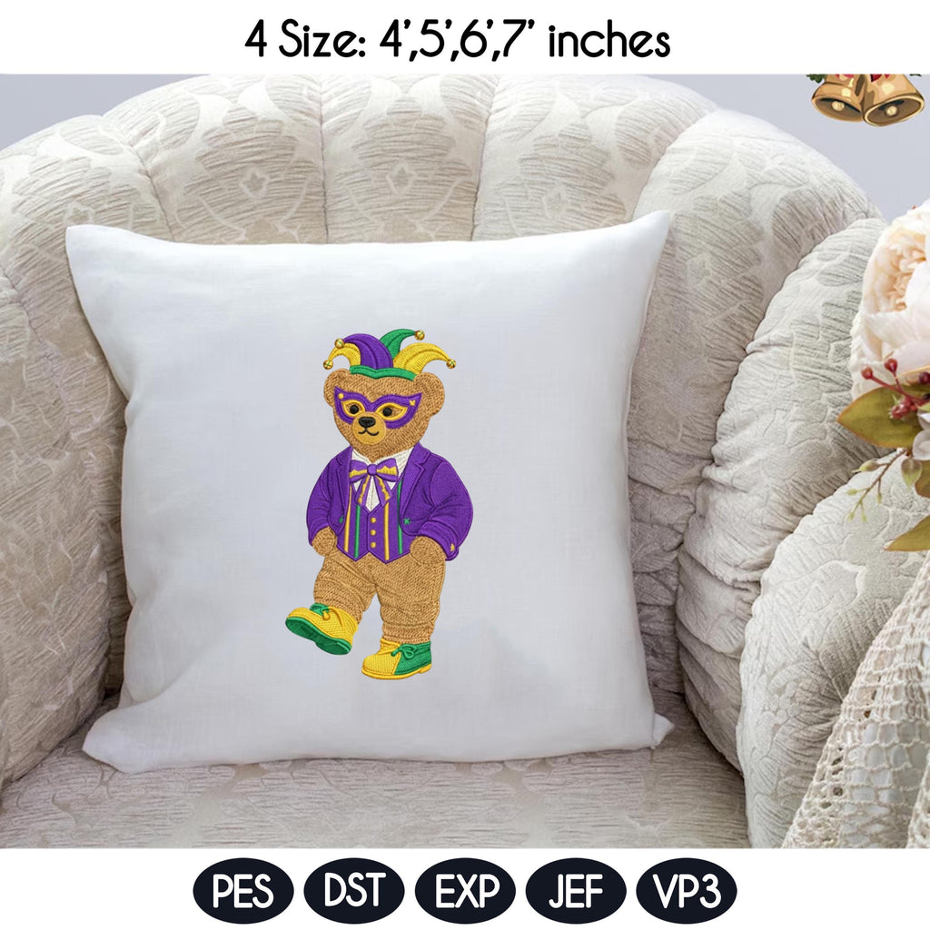 Mardi Gras Teddy Bear Embroidery Design, Masquerade Bear Machine Embroidery, Vintage Carnival Bear, 4 sizes, Instant Download - image 4