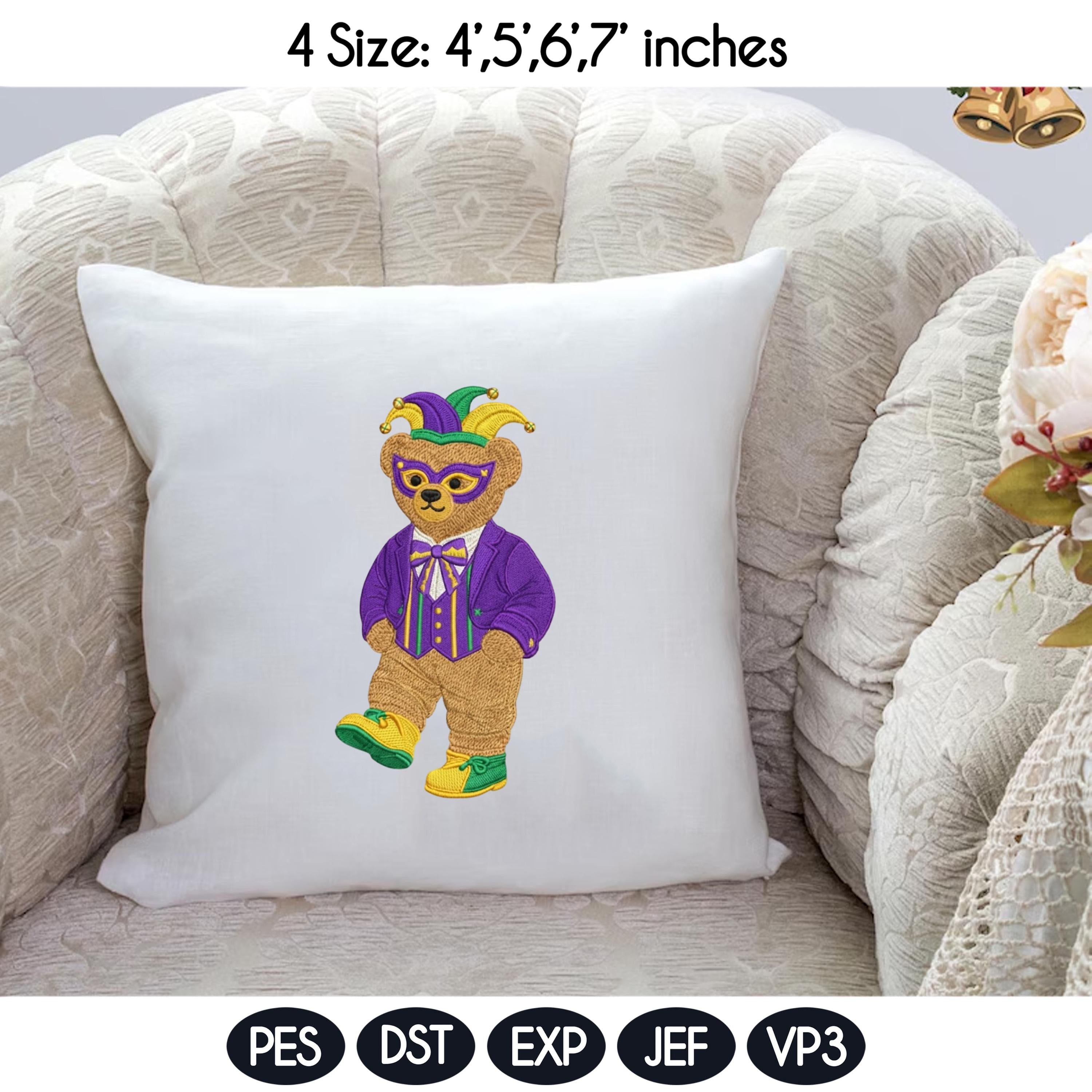 Mardi Gras Teddy Bear Embroidery Design, Masquerade Bear Machine Embroidery, Vintage Carnival Bear, 4 sizes, Instant Download - image 4