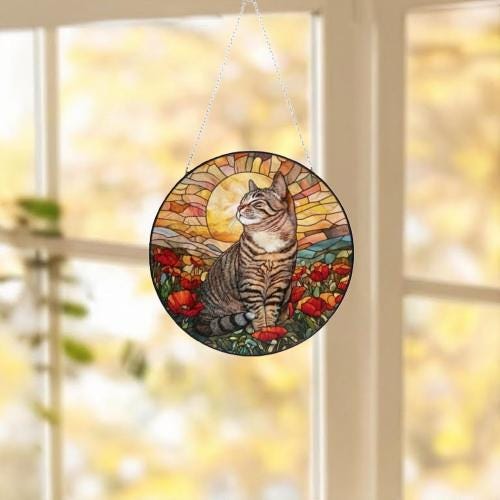 Custom Cat Stained Glass Suncatcher, Mothers Day Gift For Mom, Poppies Flower Suncatcher, American Shorthair Hanging Window, Cat Lover Gift - image 5