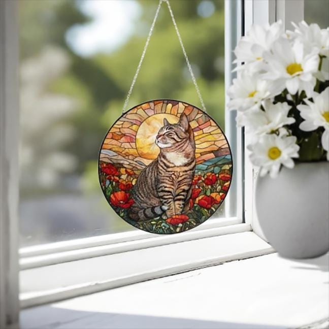 Custom Cat Stained Glass Suncatcher, Mothers Day Gift For Mom, Poppies Flower Suncatcher, American Shorthair Hanging Window, Cat Lover Gift