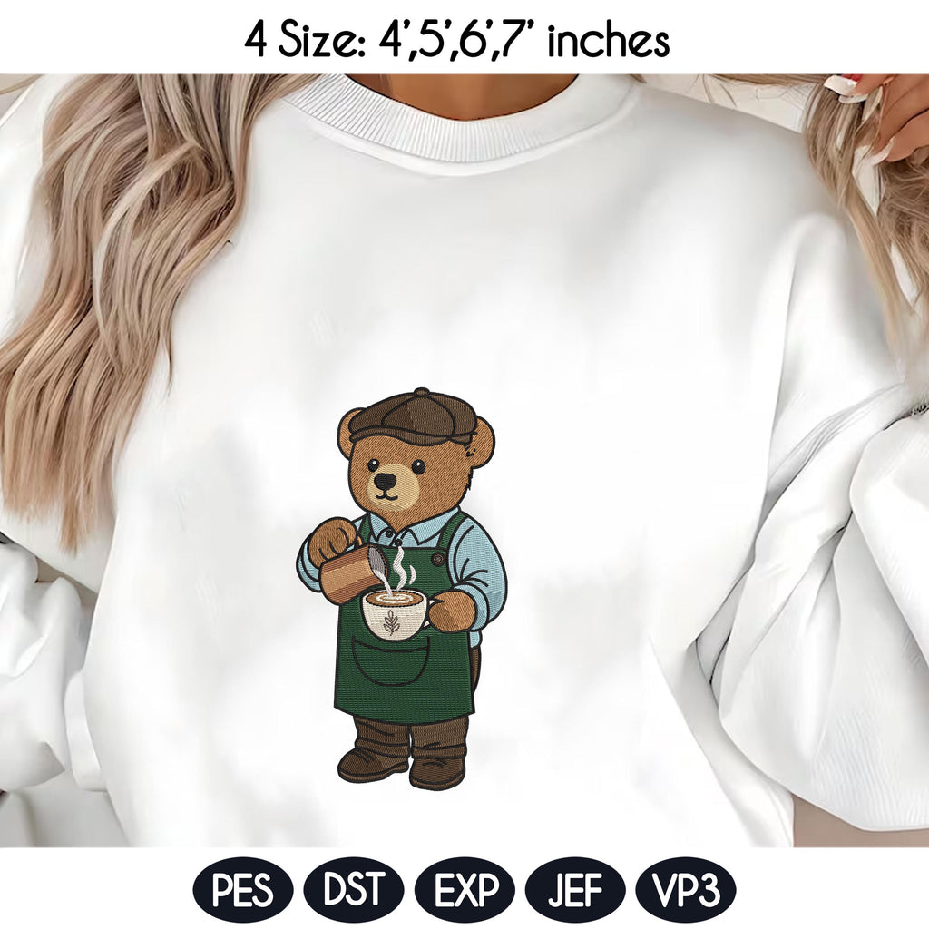 Barista Teddy Bear Embroidery Design, Coffee Bear Machine Embroidery File, Cute Coffee Lover Bear, 4 sizes, Instant Download - image 5