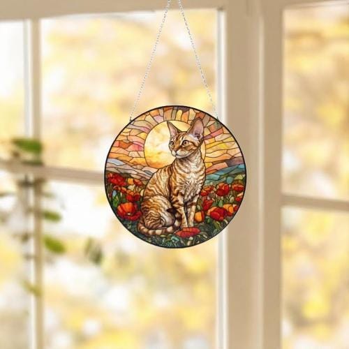 Custom Cat Stained Glass Suncatcher, Mothers Day Gift For Mom, Poppies Flower Suncatcher, Devon Rex  Hanging Window, Cat Lover Gift - image 5