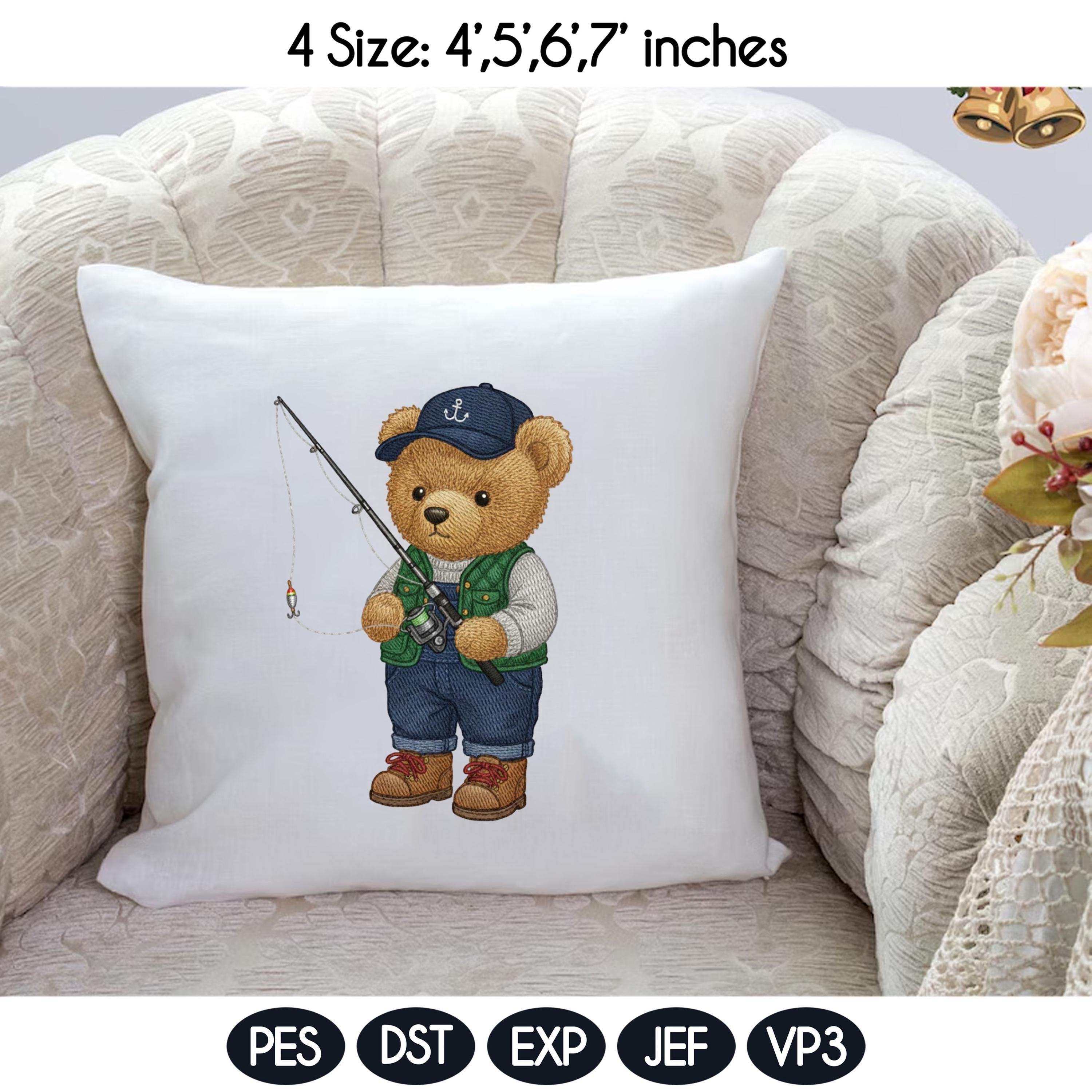 Teddy Bear Fisherman Embroidery Design File, Cute Animal Fishing Embroidery Design, Digital File, Instant Download, Fisher Bear Embroidery - image 3