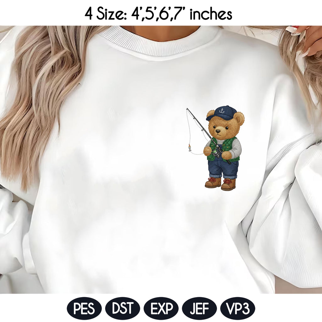 Teddy Bear Fisherman Embroidery Design File, Cute Animal Fishing Embroidery Design, Digital File, Instant Download, Fisher Bear Embroidery - image 5