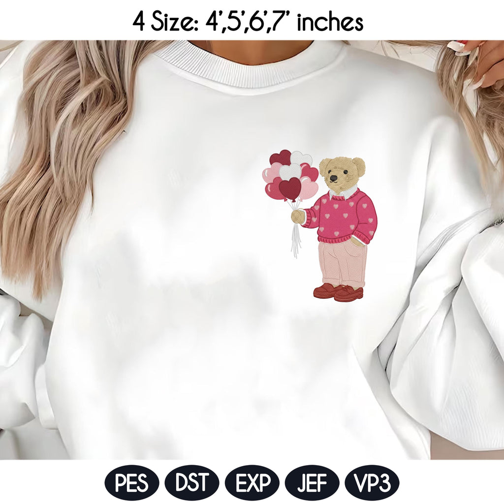Valentine’s Day Bear Embroidery Design, Bear with Heart Balloons, Cute Love Bear Machine Embroidery File, Romantic Design, Anniversary Gifts - image 3