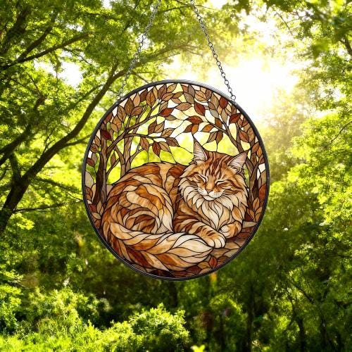 Custom Orange Maine Coon Cat Sleeping Stained Glass Suncatcher: Cat Lover Gift - image 4