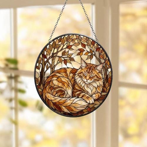 Custom Orange Maine Coon Cat Sleeping Stained Glass Suncatcher: Cat Lover Gift - image 5