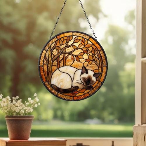 Custom Siamese  Cat Sleeping Stained Glass Suncatcher: Cat Lover Gift - image 2