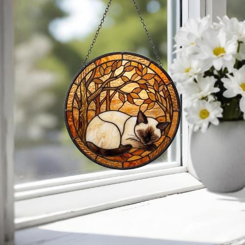 Custom Siamese  Cat Sleeping Stained Glass Suncatcher: Cat Lover Gift - image 4