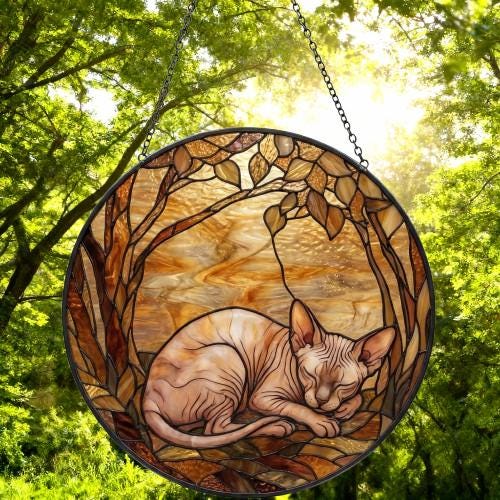 Custom Sphynx Cat Sleeping Stained Glass Suncatcher: Cat Lover Gift - image 4