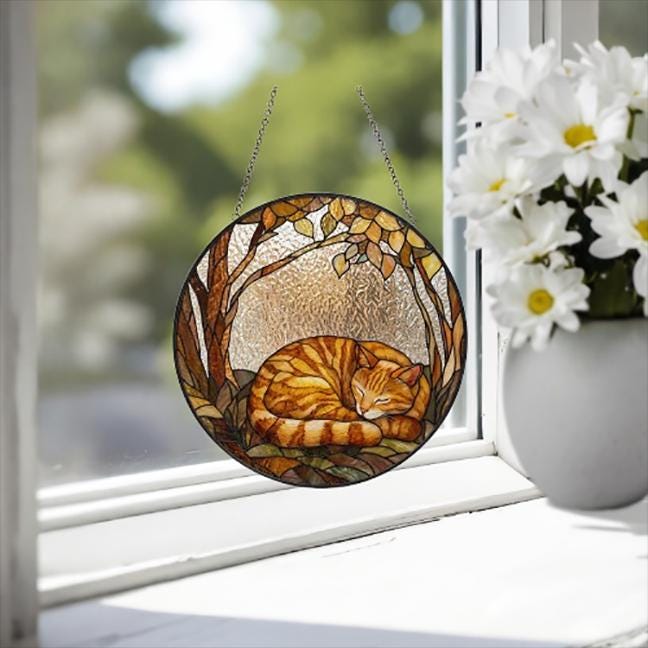 Custom American Shorthair Sleeping Stained Glass Suncatcher: Cat Lover Gift