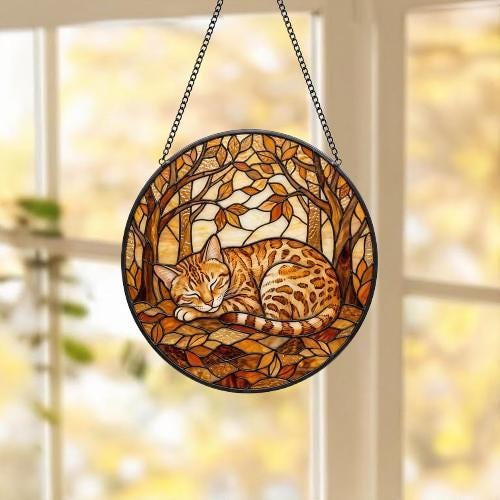 Custom Egyptian Mau  Sleeping Stained Glass Suncatcher: Cat Lover Gift - image 5