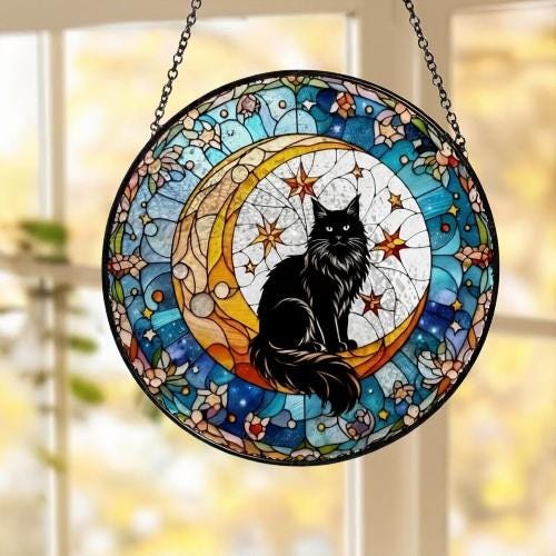 Custom Maine Coon Cat On Moon Glass Suncatcher: Black Cat Lover Gift - image 5