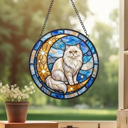 Custom Persian  Cat On Moon Glass Suncatcher: Cat Lover Gift - image 2