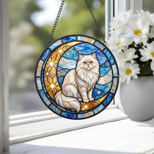 Custom Persian  Cat On Moon Glass Suncatcher: Cat Lover Gift - image 3