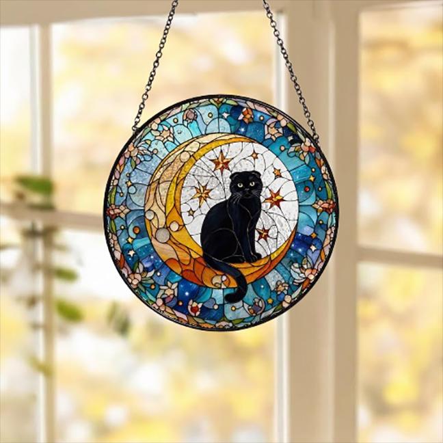 Custom Scottish Fold Cat On Moon Glass Suncatcher: Black Cat Lover Gift