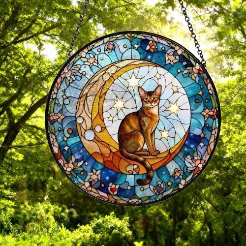 Custom Abyssinian  Cat On Moon Glass Suncatcher: Cat Lover Gift - image 4