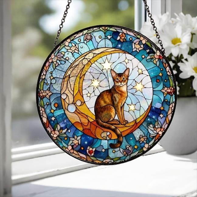 Custom Abyssinian  Cat On Moon Glass Suncatcher: Cat Lover Gift