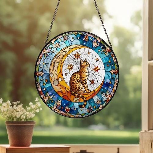 Custom Egyptian Mau Cat On Moon Glass Suncatcher: Cat Lover Gift - image 2