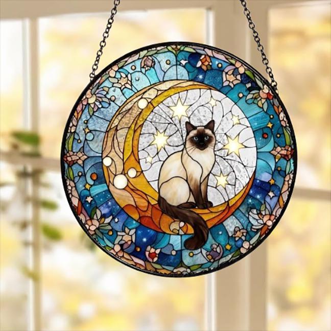 Custom Himalayan Cat On Moon Glass Suncatcher: Cat Lover Gift
