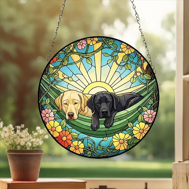 Custom Couple Labrador Retriever Glass Suncatcher, Labrador Retriever Mom Window Hanging, Wiener Dog Sun Catcher, Pet Lover Gift