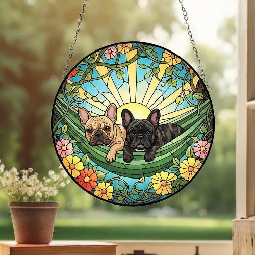 Custom Couple French Bulldog Glass Suncatcher, French Bulldog Mom Window Hanging, Wiener Dog Sun Catcher, Pet Lover Gift - image 2