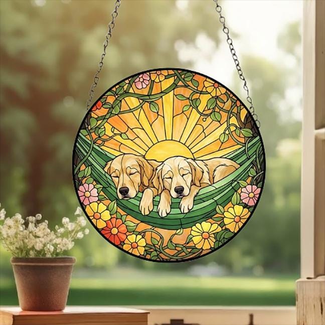 Custom Couple Golden Retriever Glass Suncatcher, Golden Retriever Mom Window Hanging, Wiener Dog Sun Catcher, Pet Lover Gift